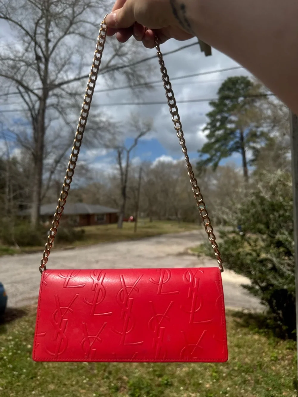 Yves Saint Laurent Red Embossed Monogram Chain Shoulder Bag - Picture 2 of 4
